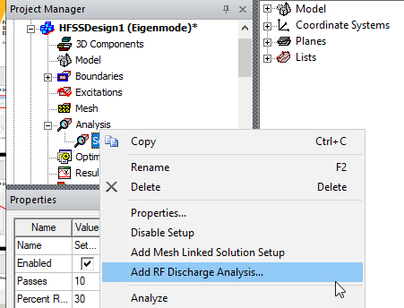 Sweep shortcut menu, Add RF Discharge Analysis option highlighted.