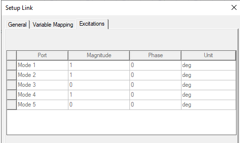 Setup Link dialog, Excitations tab.