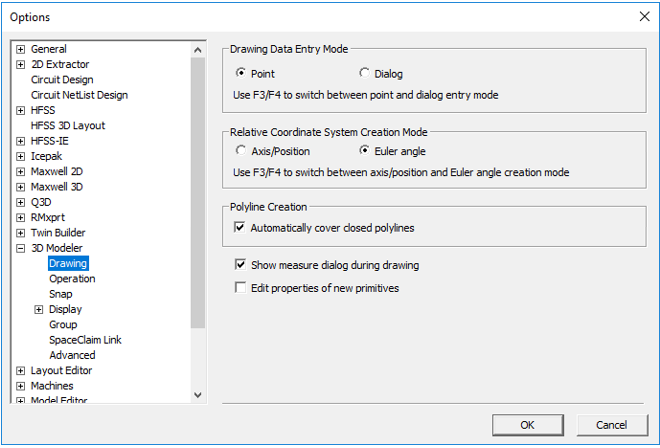 Options dialog. 3D Modeler options, Drawing highlighted.