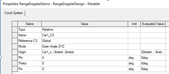 Properties dialog. Coord System tab, name filed set to Car1_CS.