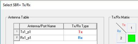 Select SBR +Tx/Rx dialog. Antenna table. Tx/Rx Matrix showing 1 green square.