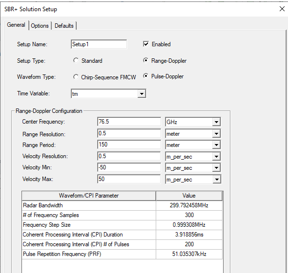 SBR+ Solutions Setup window. General tab. Range-Doppler Configuration groupbox