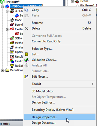 Project Tree right-click menu. Design Properties option highlighted.