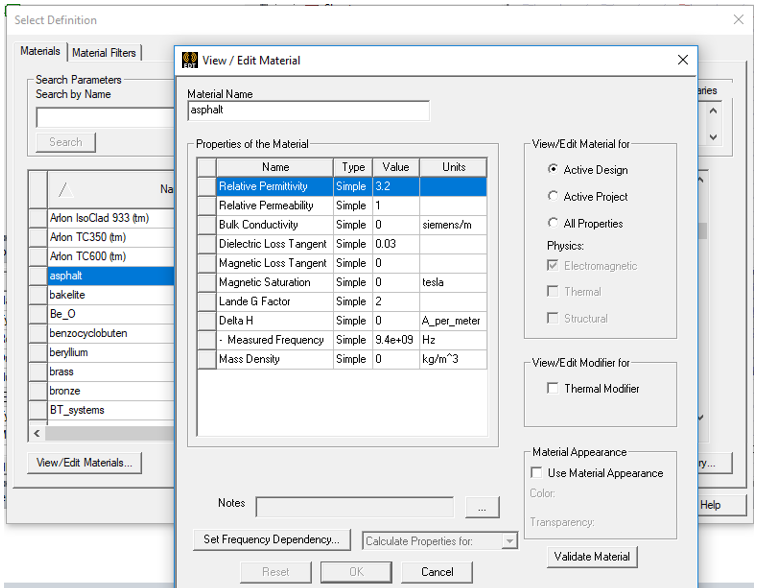 View/Edit Materials dialog. Material name set to asphalt