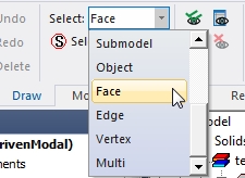 Select drop-down menu. Face option highlighted.