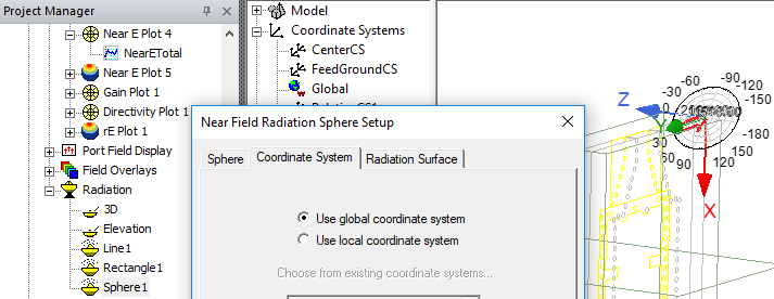 Near Field Radiation Sphere Setup dialog. Use global coordinate system selected.