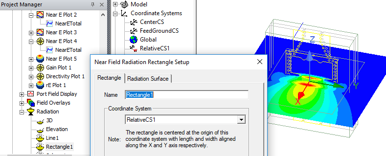 Near Field Radiation Rectangle Setup. Rectangle tab.