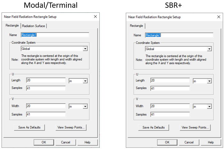 Near Field Radiation Rectangle Setup dialog, Rectangle tab.