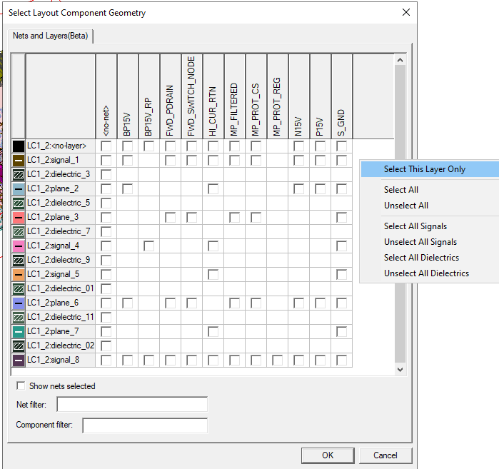 Select Layout Component Geometry dialog. Shortcut menu.