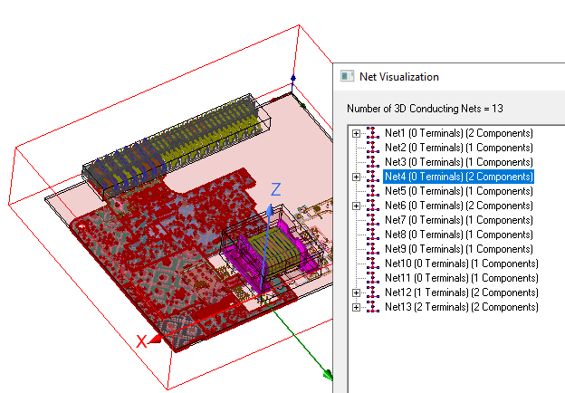 Design displayed in the model viewer. Only the selected net objects are highlighted.