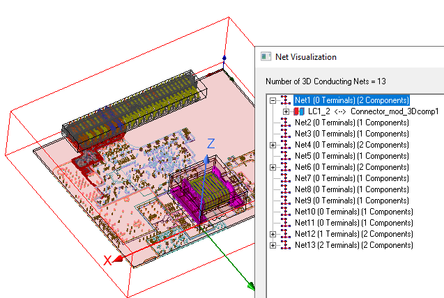 Design displayed in the model viewer. Only the selected net objects are highlighted.