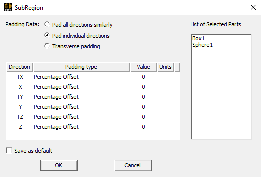 Subregion dialog. Padding data set to Pad individul directions.