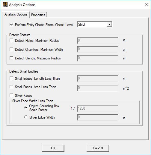 Analysis options dialog. Analysis options tab. Perform Entity Check Erros option enabled.