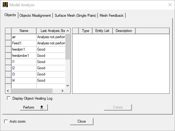 Model analysis dialog. Objects tab.