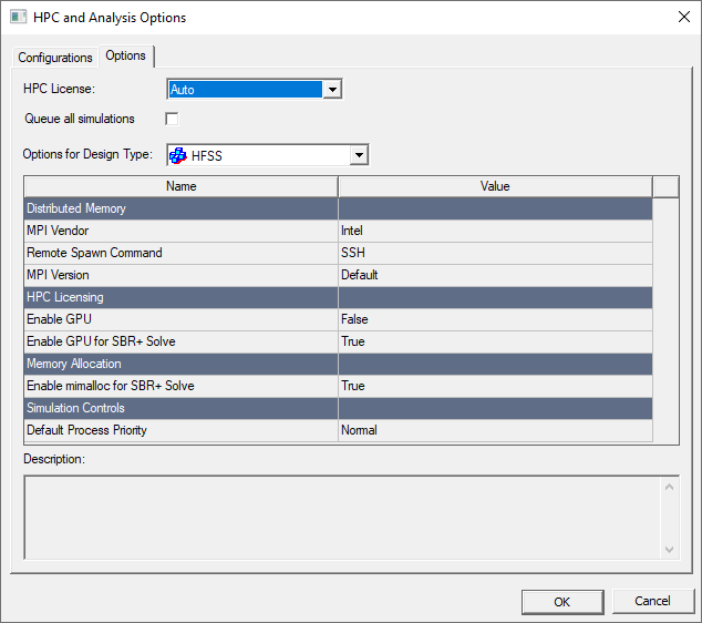 HPC Analysis Options window