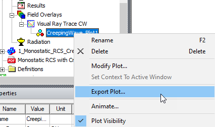 Creeping Wave Plot shortcut menu, Export Plot option highlighted.
