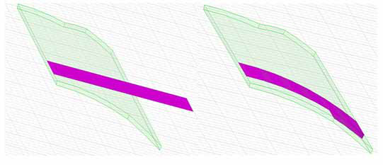 Sheet before and after wrapping on a target surface with tolerant edges.