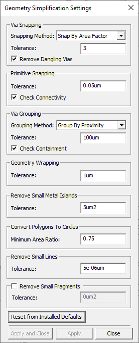 Geometry Simplification Settings Window
