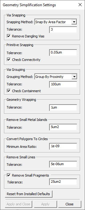 Geometry Simplification Settings Window