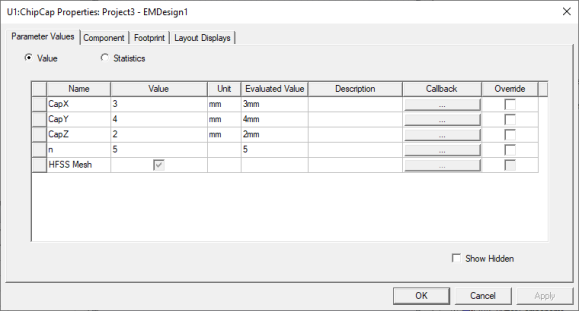 Properties dialog. Parameter Value tab.