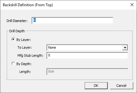 Backdrill Definition (From Top) Window