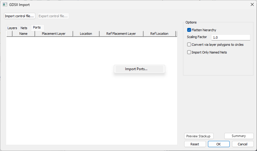 GDSII Import Window > Ports Tab > Import Ports...