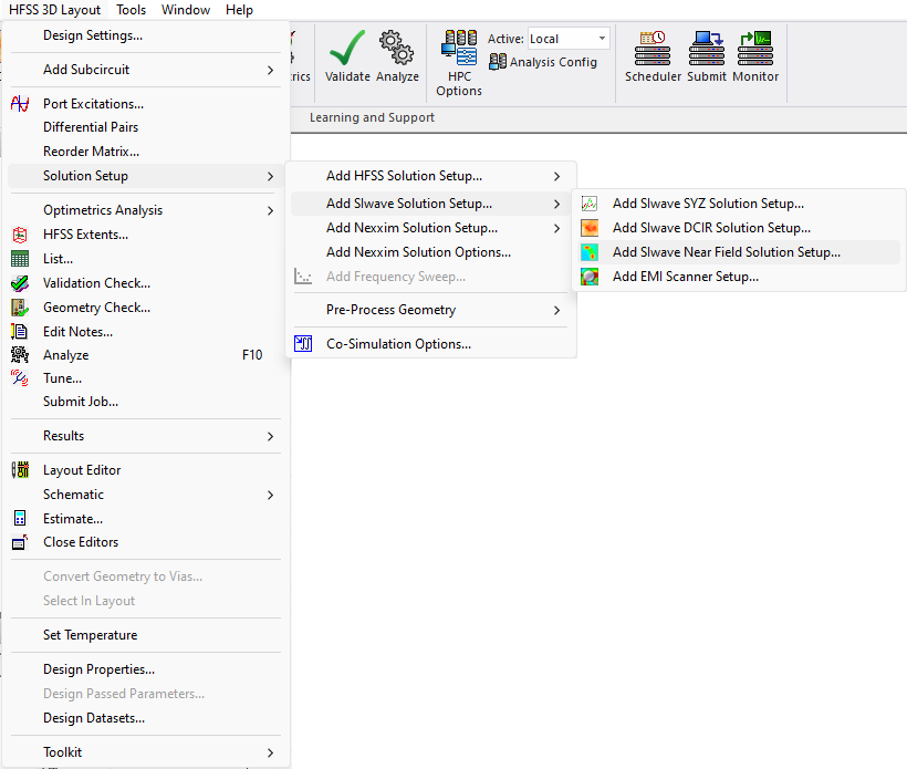 HFSS 3D Layout > Solution Setup > Add SIwave Solution Setup > Add SIwave Near Field Solution Setup