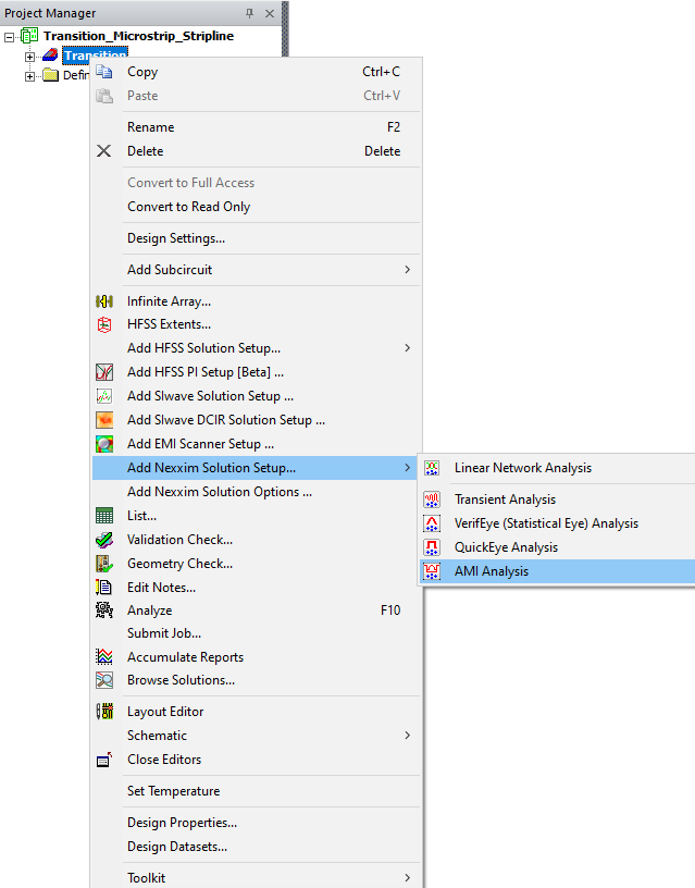 Project Manager > Active Design Folder > Add Nexxim Solution Setup ... > AMI Analysis