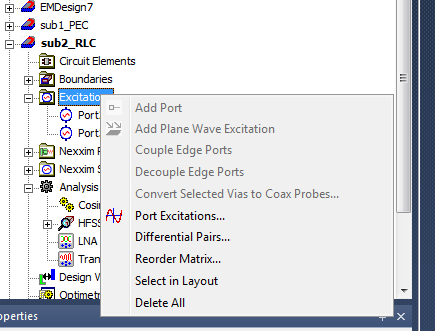 Excitations shortcut menu