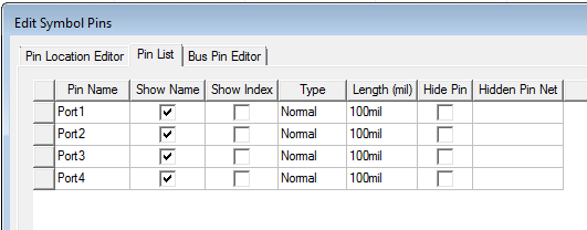 Edit Symbol Pins dialog, Pin List tab