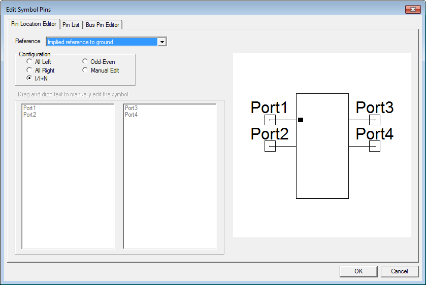 Edit Symbol Pins dialog, Pin Locator Editor tab.