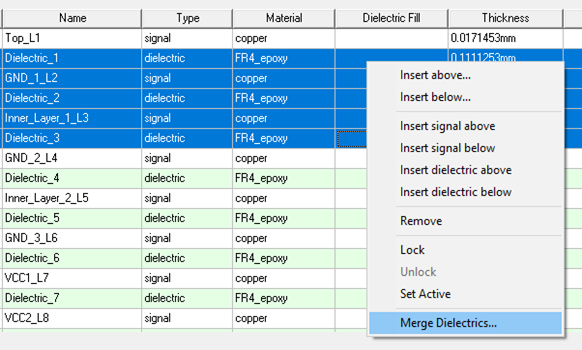 Group Layers shortcut menu, Merge Dielectrics option highlighted.
