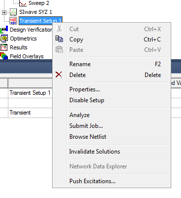 Transient Setup shortcut menu