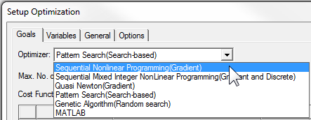 Setup Optimization window. Goals tab open, Optimizer drop-down menu open, Sequential Nonlinear Programming (gradient) selected.