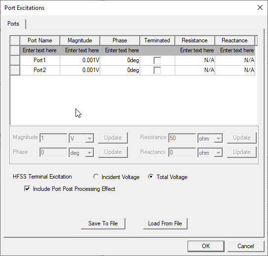 Port Excitations dialog