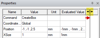 A Properties window showing tabular data. A column width line is highlighted. Arrows point away from the width line in both directions horizontally. 