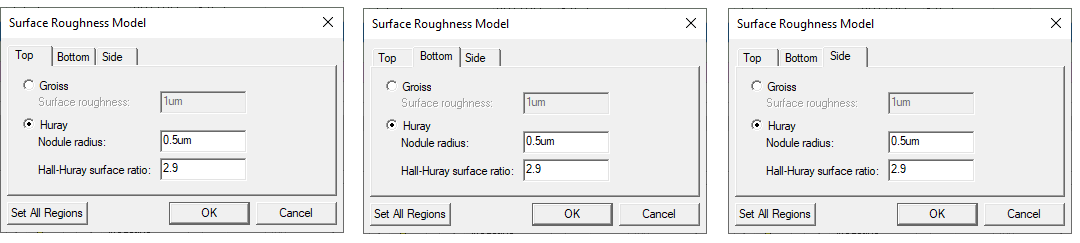 Surface Roughness Model dialog, Top tab, Bottom Tab, and Side Tab.