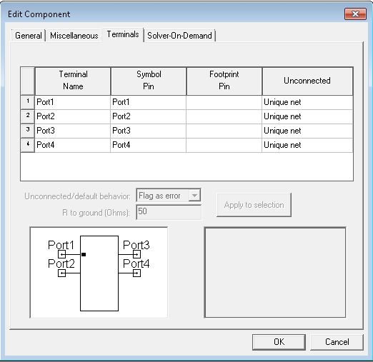 Edit Component window, Terminals tab.
