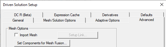 Driven Solution Setup dialog, Advanced tab.