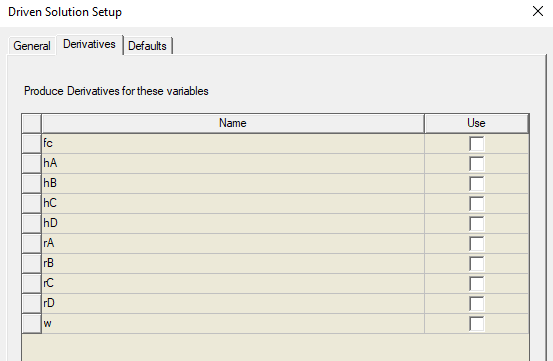 Driven Solution Setup dialog, Derivatives tab.
