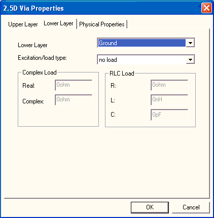 2.5D Via Properties dialog, Lower Layer tab.