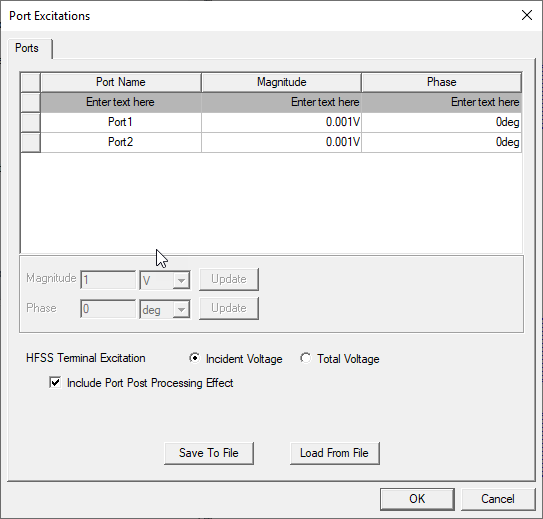 Port Excitations dialog