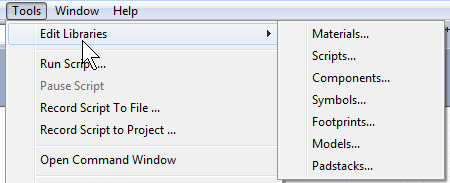 Tools menu, Edit Libraries option expanded.
