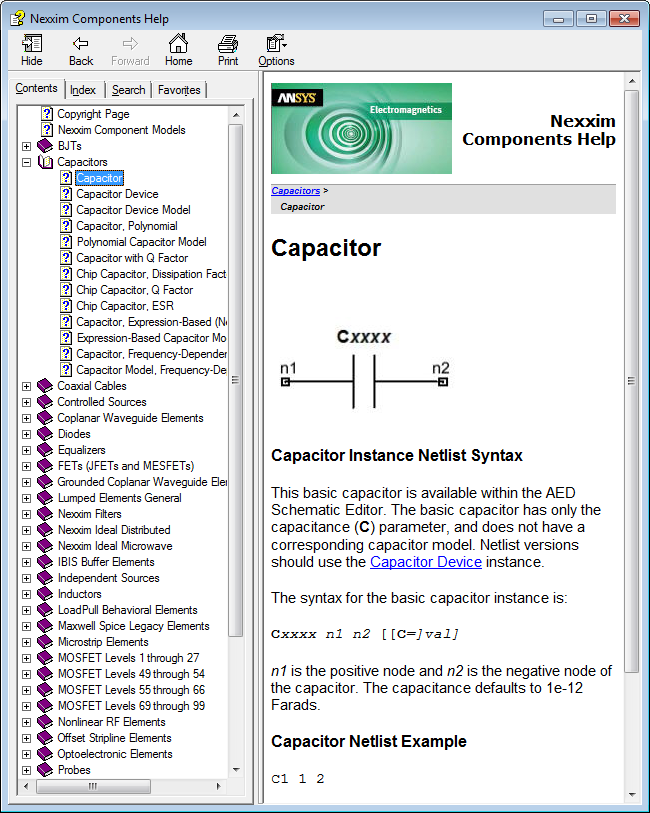 Nexxim Componenet Help window.