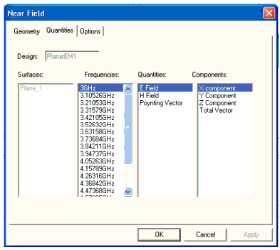 Near Field window, Quantities tab.