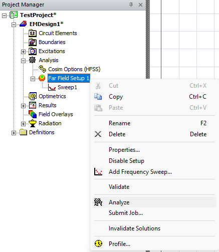 Project Manager Window > Project Tree > Active Design Folder > Analysis > SIwaveFarField1 > Analyze
