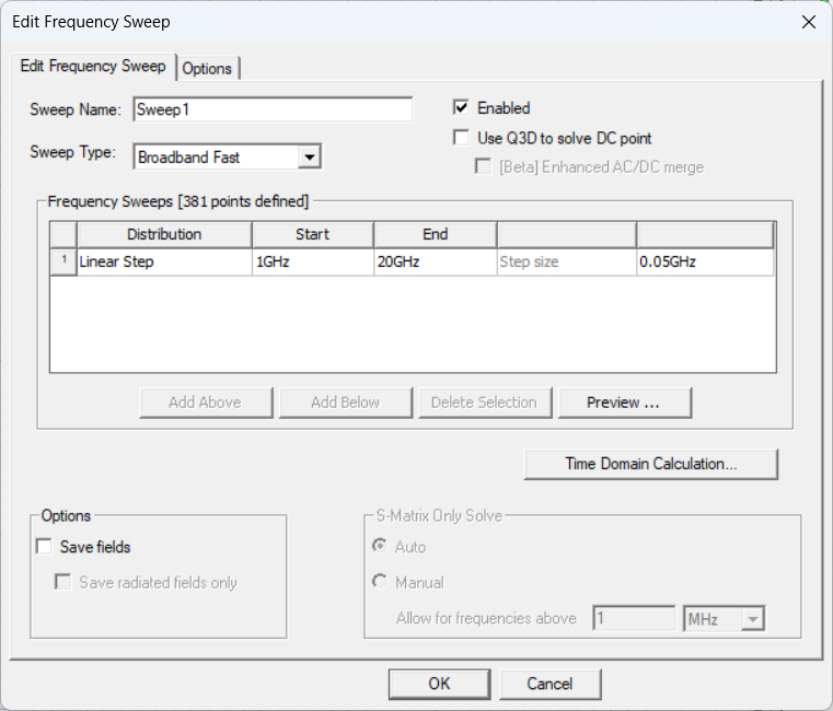 Edit Frequency Sweep Window