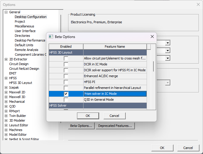 Prism Solver in IC Mode Beta Options