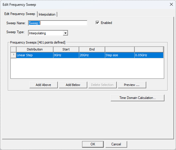 Edit Frequency Sweep Window