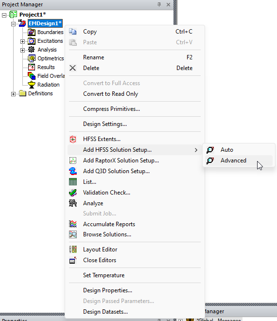 Project Manager > Project Tree > Active Design Folder > EMDesign1 > Add HFSS Solution Setup > Advanced
